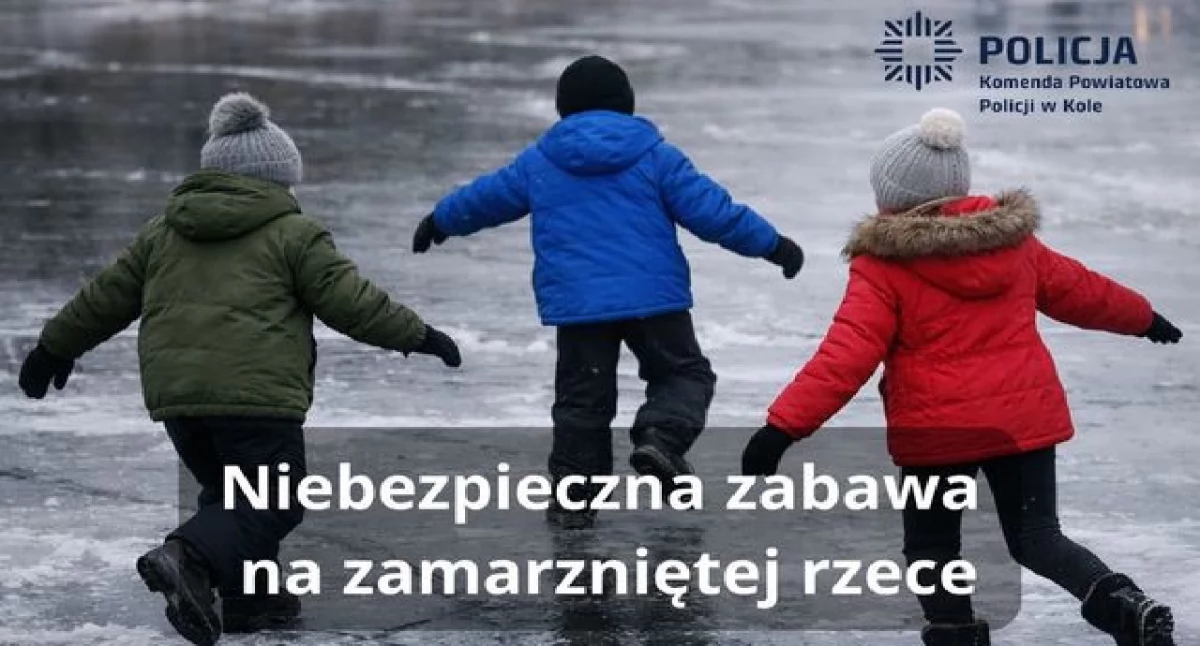 Komunikat Policji, Niebezpieczna zabawa lodzie Policjanci uratowali dzieci zamarzniętej Warcie - zdjęcie, fotografia
