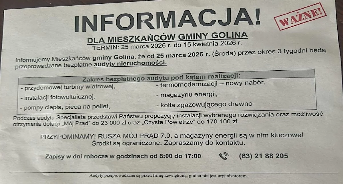 Atrakcje-Ciekawostki-Rekreacja, Ostrzeżenie mieszkańców gminy Golina ulotki darmowych audytach energetycznych pompach ciepła - zdjęcie, fotografia