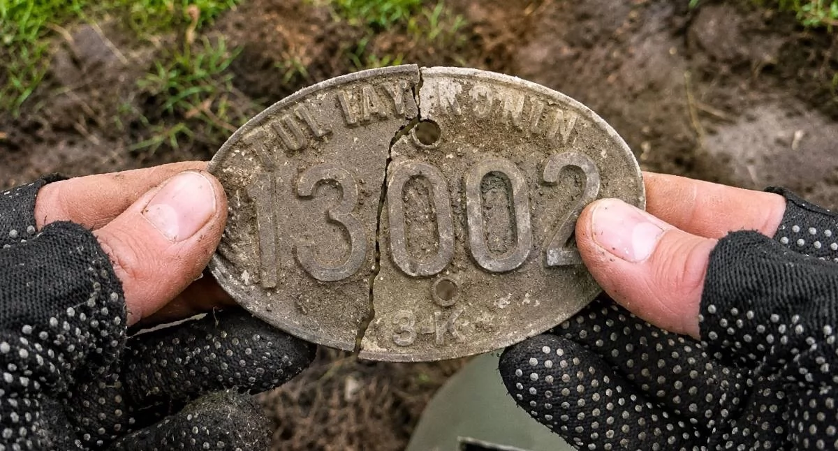 Atrakcje-Ciekawostki-Rekreacja, Leżała ziemią przez Poszukiwacz znalazł tajemniczą tabliczkę numerem 13002 - zdjęcie, fotografia