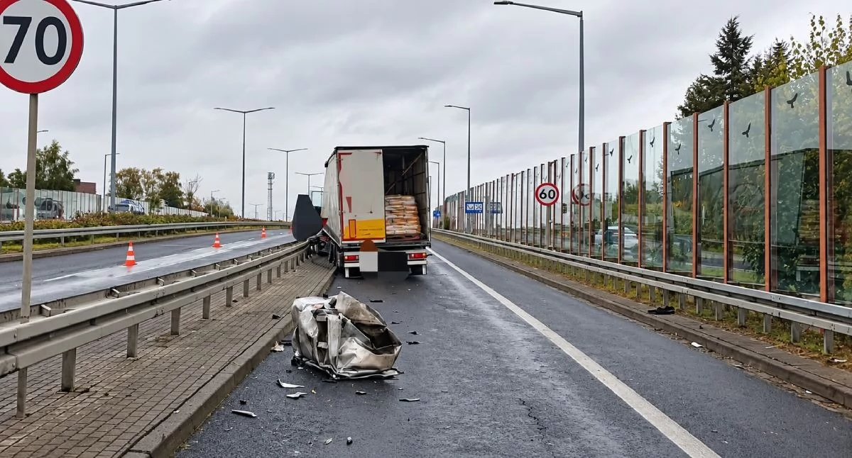 Wypadki drogowe, Ciężarówka uderzyła bariery Starym Mieście Utrudnienia trasie Konina - zdjęcie, fotografia